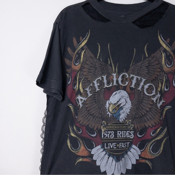 NEW Affliction Speed to Burn Graphic Biker Moto Tee L Black Lace Sheer Grommet - Picture 6 of 9